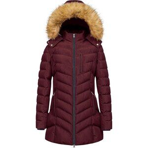 Women's Burgundy Winter Warm Long Hooded Puffer Jacket Coat Fabric Waterproof